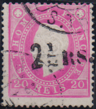 1711.jpg -     Lote:    1711                   Descrição:         1892 &mdash; D. Luís I. Fita direita. Com sobretaxa. CE29, 2 &frac12; reis s/ 20 reis rosa. Sobrecarga tipo 1 a preto. Valor de catálogo &euro; 150,00.        O       Valor Base:     &euro; 30,00     Valor Venda:     &euro;      
