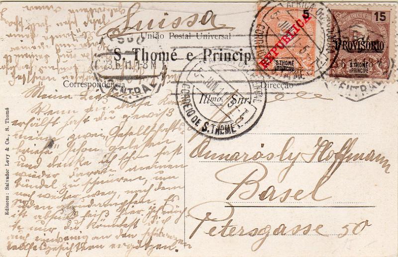 1714.jpg -     Lote:    1714                   Descrição:         1903/1911 &mdash; D. Carlos I com sobrecarga "Provisório" + D. Carlos I com sobrecarga REPUBLICA da Casa da Moeda. Postal ilustrado circulado de S. Tomé (05.06.11) para a Suíça, com trânsito por Lisboa (23.06.11) com selos de 15 reis CE83 e 5 reis CE97.        PI       Valor Base:     &euro; 50,00     Valor Venda:     &euro;      