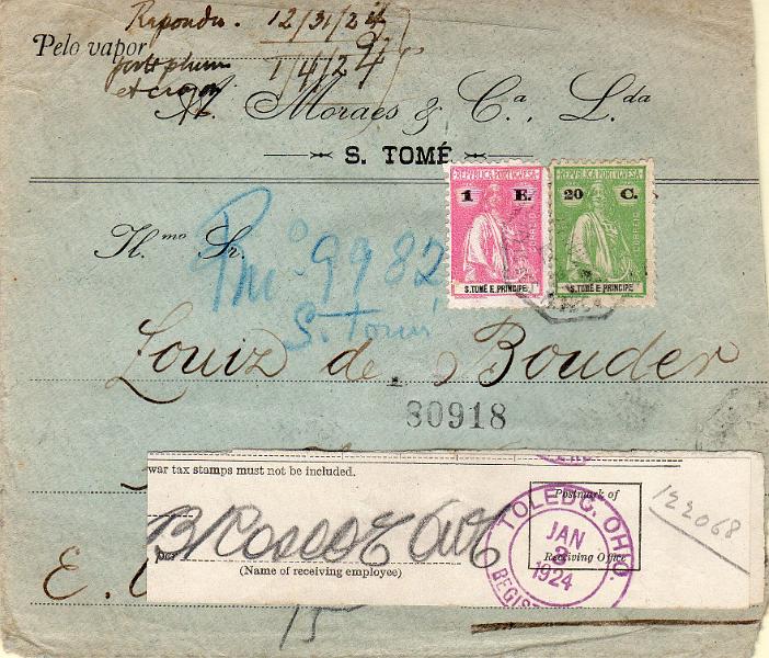 1719.jpg -     Lote:    1719                   Descrição:         1914/22 &mdash; Ceres. Sobrescrito circulado de S. Tomé (27.11.23) para Toledo / EUA (03.01.24) com trânsito por Lisboa (15.12.23) com selos de 20c verde CE210 e 1E rosa CE258.        Carta       Valor Base:     &euro; 35,00     Valor Venda:     &euro;      