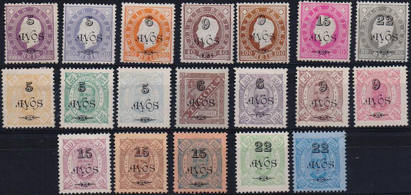 1732.jpg -     Lote:    1732                   Descrição:         1902 &mdash; D. Luís I, fita direita e D. Carlos I, com sobretaxa. CE76/77, 79, 80/82, 84, 85/96. Valor de catálogo &euro; 122,20.        **/*       Valor Base:     &euro; 25,00     Valor Venda:     &euro;      