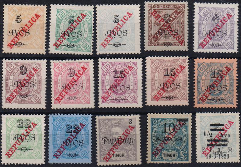 1739.jpg -     Lote:    1739                   Descrição:         1915 &mdash; D. Carlos I, com sobrecarga REPUBLICA da Casa da Moeda. CE177/190 + CE191 (denteado 13 &frac12;). Séries completas. Valor de catálogo &euro; 144,20.        *       Valor Base:     &euro; 30,00     Valor Venda:     &euro;      