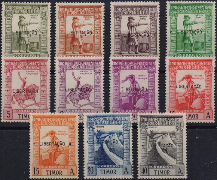 1743.jpg -     Lote:    1743                   Descrição:         1947 &mdash; Império Colonial Português, com sobrecarga "LIBERTAÇÃO". CE250/260. Série completa. MB e MR. Valor de catálogo &euro; 350,00.        **       Valor Base:     &euro; 140,00     Valor Venda:     &euro;      