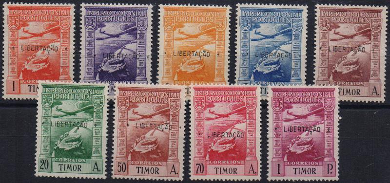 1747.jpg -     Lote:    1747                   Descrição:         1947 &mdash; Correio Aéreo. Império Colonial Português, com sobrecarga "LIBERTAÇÃO". CE CA15/23. Série completa. MB e MR. Valor de catálogo &euro; 280,00.        **       Valor Base:     &euro; 120,00     Valor Venda:     &euro;      