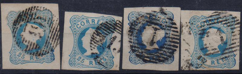 1754.jpg -     Lote:    1754                   Descrição:         1853 &mdash; D. Maria II. CE2, 25 reis azul, cunho II. Quatro selos com margens largas, com distintas tonalidades de cor. Valor de catálogo &euro; 80,00.        O       Valor Base:     &euro; 20,00     Valor Venda:     &euro;      