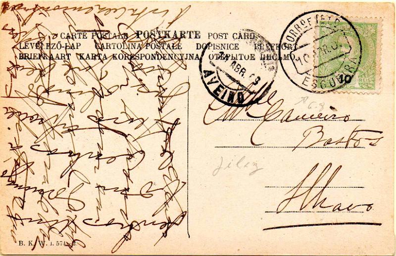 1755.jpg -     Lote:    1755                   Descrição:         Carimbos circulares datados, tipo 1880. 1895/96 &mdash; D. Carlos I Mouchon. CE128, 10 reis em postal ilustrado circulado de Esgueira (10.04.09) para Ilhavo. Carimbo batido a preto "ESGUEIRA". Raridade "8" Gordon.        PI       Valor Base:     &euro; 10,00     Valor Venda:     &euro;      