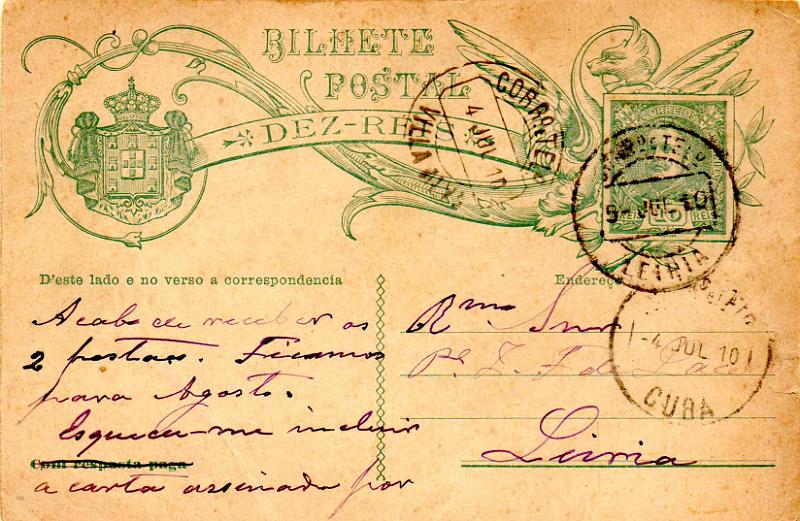 1758.jpg -     Lote:    1758                   Descrição:         Carimbos circulares datados, tipo 1880. 1907 &mdash; D. Carlos I Mouchon. OM44, 10 reis verde. Circulado de Vila Nova (04.07.10) para Leiria (05.07.10). Carimbo batido a preto de "VILLA ALVA".        IC       Valor Base:     &euro; 12,00     Valor Venda:     &euro;      