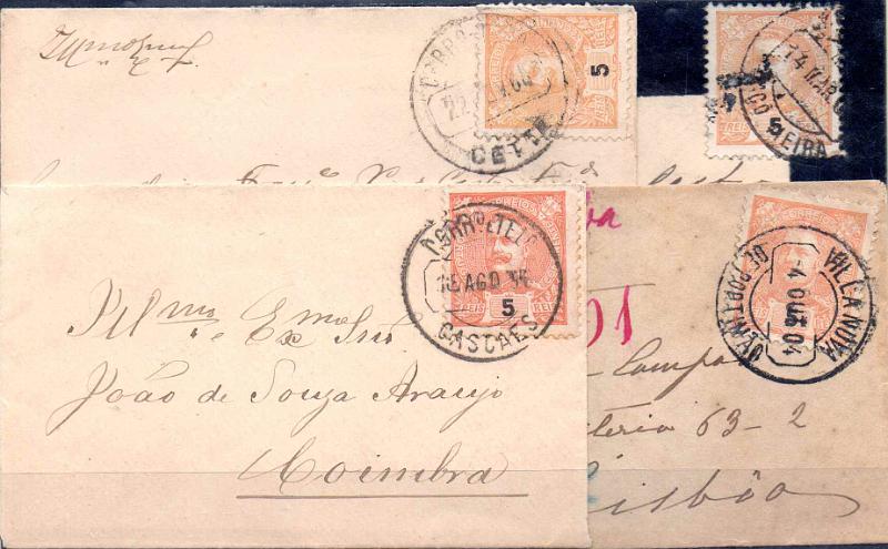 1759.jpg -     Lote:    1759                   Descrição:         Carimbos circulares datados, tipo 1880. Lote de 4 sobrescritos circulados com selos de 5 reis tipo D. Carlos I Mouchon CE127, obliterados com carimbos batidos a preto de "CETTE", VILLA NOVA / DE PORTIMÃO", "CASCAES" e "PAÇÓ VIEIRA".        Lote       Valor Base:     &euro; 10,00     Valor Venda:     &euro;      