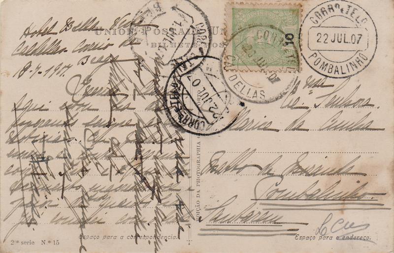 1760.jpg -     Lote:    1760                   Descrição:         Carimbos circulares datados, tipo 1880. 1895/96 &mdash; D. Carlos I Mouchon. Selo de 10 reis CE128 circulado de Caldelas (20.07.07) para Pombalinho (22.07.07), com trânsito por Braga e Santarém. Carimbo batido a preto de "CALDELLAS" e "POMBALINHO".        PI       Valor Base:     &euro; 10,00     Valor Venda:     &euro;      