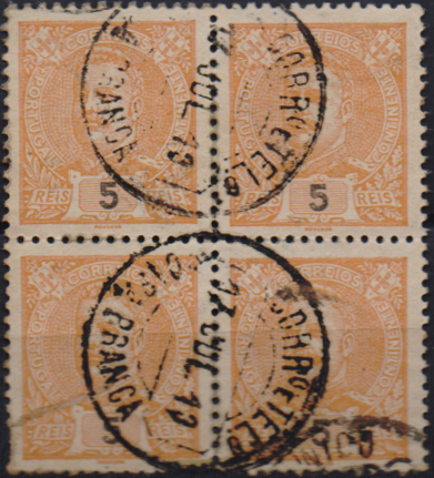 1763.jpg -     Lote:    1763                   Descrição:         Carimbos circulares datados, tipo 1880. 1895/96 &mdash; D. Carlos I Mouchon. CE127, 5 reis laranja. Quadra obliterada com carimbo batido a preto "CASA BRANCA". MR.        O       Valor Base:     &euro; 20,00     Valor Venda:     &euro;      