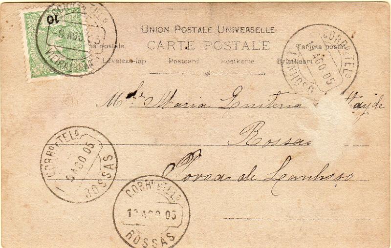 1766.jpg -     Lote:    1766                   Descrição:         Carimbos circulares datados, tipo 1880. Postal ilustrado circulado com selo de 10 reis D. Carlos I Mouchon, de Vieira * Braga (09.08.05) para Lanhoso (11.08.05), com trânsito por Rossas (10.08.05). Carimbos batidos a preto de "VIEIRA (BRAGA)", "ROSSAS" e "LANHOSO".        PI       Valor Base:     &euro; 12,00     Valor Venda:     &euro;      