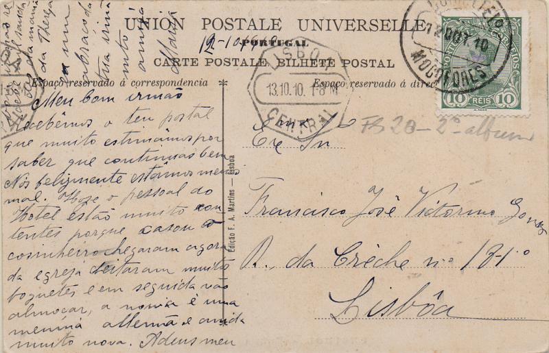 1774.jpg -     Lote:    1774                   Descrição:         Carimbos circulares datados, tipo 1880. 1910 &mdash; D. Manuel II. CE158, 10 reis verde em postal ilustrado circulado de Mogofores (12.10.10) para Lisboa. Carimbo batido a preto de "MOGOFORES".        IC       Valor Base:     &euro; 10,00     Valor Venda:     &euro;      