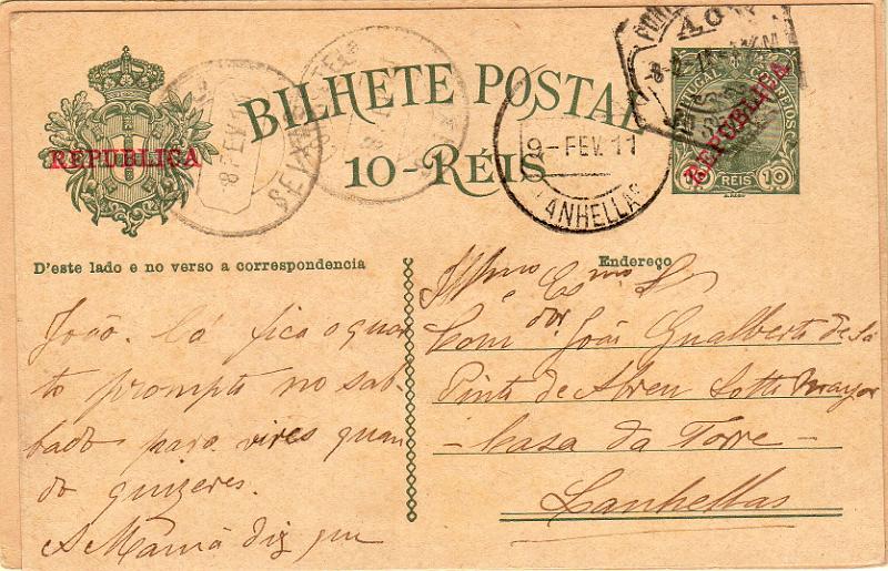 1776.jpg -     Lote:    1776                   Descrição:         Carimbos circulares datados, tipo 1880. Lote de dois inteiros postais OM23 e OM52 obliterados com carimbos batidos a preto "LANHELLAS" e "MAIA".        IC       Valor Base:     &euro; 15,00     Valor Venda:     &euro;      