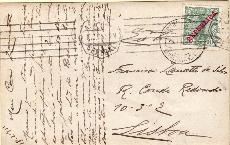 1777.jpg -     Lote:    1777                   Descrição:         Carimbos circulares datados tipo 1880. 1910 &mdash; D. Manuel II com sobrecarga REPUBLICA. CE172, 10 reis verde em postal ilustrado circulado de Lamarosa (18.02.11) para Lisboa (19.02.11). Carimbo batido a preto de "LAMAROSA (T. NOVAS).        PI       Valor Base:     &euro; 12,00     Valor Venda:     &euro;      