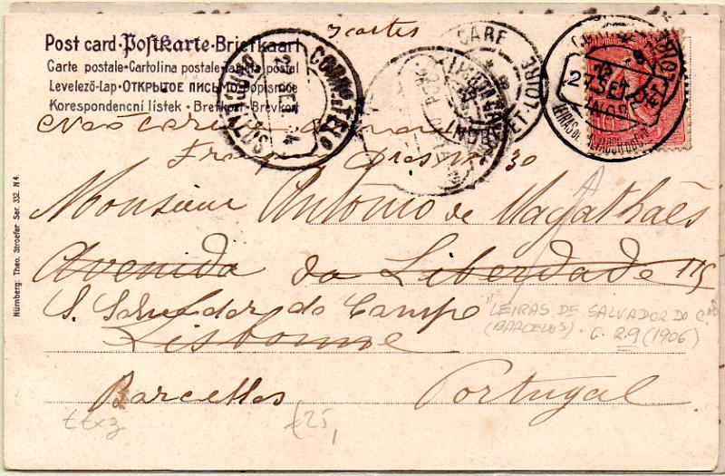 1779.jpg -     Lote:    1779                   Descrição:         Carimbos circulares datados, tipo 1880. Postal ilustrado circulado de França (29.09.04) para Leiras de Salvador. Carimbo batido a preto "LEIRAS DE SALVADOR DO CPO + IP tipo Ceres de 25c OM74 circulado de Maças de D. Maria (21.10.24) para Ferreira do Alentejo. Carimbo batido a preto "MAÇAS DE D. MARIA".        PI       Valor Base:     &euro; 20,00     Valor Venda:     &euro;      