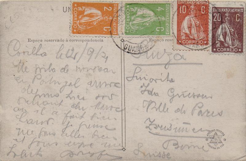 1784.jpg -     Lote:    1784                   Descrição:         Carimbos circulares datados, tipo 1880. 1912/22 &mdash; Ceres. Postal ilustrado circulado da Guarda (12.09.21) para a Suíça com selos de 2c, 4c, 10c e 20c, CE215, 223, 226 e 240. Obliterado com carimbo batido a preto "GUARDA (GARE)".        PI       Valor Base:     &euro; 15,00     Valor Venda:     &euro;      