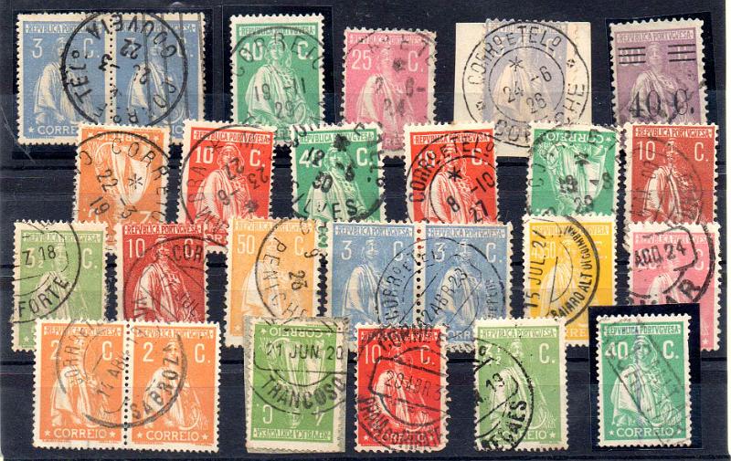 1785.jpg -     Lote:    1785                   Descrição:         Carimbos circulares datados + tipo francês + nominativos ferroviários. Lote composto por 19 selos simples + três pares, tipo Ceres, de diversas emissões, obliterados com carimbos batidos a preto destacando-se os tipo francês de GOUVEIA, CORUCHE, TORCENA, CANTANHEDE, entre outros. Bom lote a ver.        Lote       Valor Base:     &euro; 12,00     Valor Venda:     &euro;      