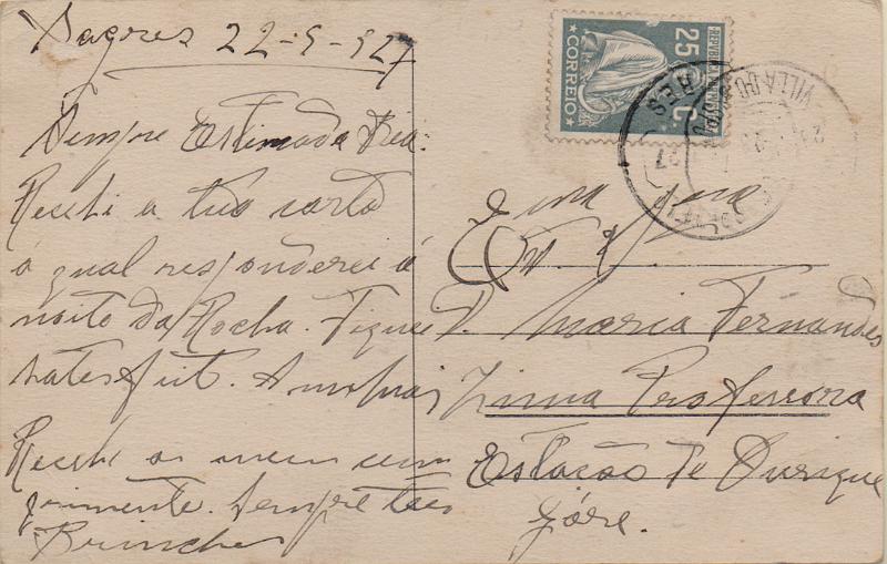 1786.jpg -     Lote:    1786                   Descrição:         Carimbos circulares datados, tipo 1880. 1926 &mdash; Ceres. Emissão Londres. CE404, 25c cinzento em postal ilustrado circulado de Sagres (22.09.27) para Ourique, com trânsito pela Vila do Bispo. Carimbos batidos a preto "SAGRES" e "VILLA DO BISPO".        PI       Valor Base:     &euro; 15,00     Valor Venda:     &euro;      