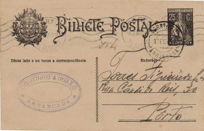 1788.jpg -     Lote:    1788                   Descrição:         Carimbos circulares datados, tipo 1880. 1924/26 &mdash; Ceres. OM74. Circulado de Arrancada (13.02.29) para o Porto. Carimbo batido a preto de "ARRANCADA", tipo I.        IC       Valor Base:     &euro; 10,00     Valor Venda:     &euro;      
