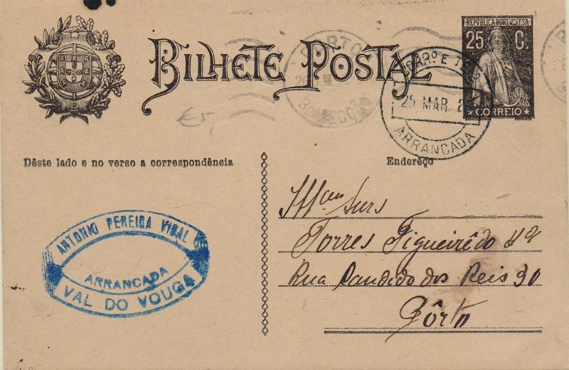 1789.jpg -     Lote:    1789                   Descrição:         Carimbos circulares datados, tipo 1880. 1924/26 &mdash; Ceres. OM74. Circulado de Arrancada (25.03.29) para o Porto. Carimbo batido a preto de "ARRANCADA", tipo II.        IC       Valor Base:     &euro; 10,00     Valor Venda:     &euro;      