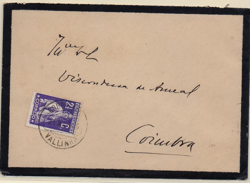 1792.jpg -     Lote:    1792                   Descrição:         Carimbos circulares datados, tipo 1880. 1912 &mdash; Ceres. CE211, 2 &frac12; violeta, em sobrescrito circulado de Valinha (21.05.15) para Coimbra. Carimbo a preto de "VALLINHA"..        Carta       Valor Base:     &euro; 8,00     Valor Venda:     &euro;      