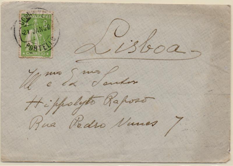 1793.jpg -     Lote:    1793                   Descrição:         Carimbos circulares datados, tipo 1880. 1917/20 &mdash; Ceres. CE226, 4c verde em sobrescrito circulado de Portelo (21.01.20) para Lisboa. Carimbo a preto de "PORTELLO".        Carta       Valor Base:     &euro; 16,00     Valor Venda:     &euro;      