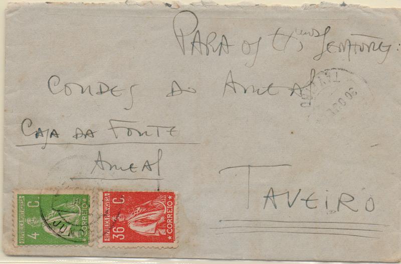 1794.jpg -     Lote:    1794                   Descrição:         Carimbos circulares datados, tipo 1880. 1917/22 &mdash; Ceres. Sobrescrito circulado do Juncal (30.10.24) para Taveiro com selos de 4c CE226 e 36c CE243. Carimbo batido a preto do "JUNCAL".        Carta       Valor Base:     &euro; 20,00     Valor Venda:     &euro;      