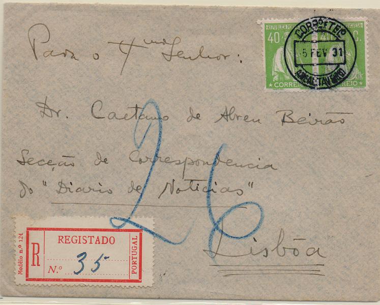 1795.jpg -     Lote:    1795                   Descrição:         Carimbos circulares datados, tipo 1880. 1930 &mdash; Ceres. Gravura retocada. CE503, 40c verde. Par em sobrescrito registado de Ameal (05.02.31) para Lisboa. Carimbo batido a preto de "AMEAL (TAVEIRO). R.        Carta       Valor Base:     &euro; 20,00     Valor Venda:     &euro;      