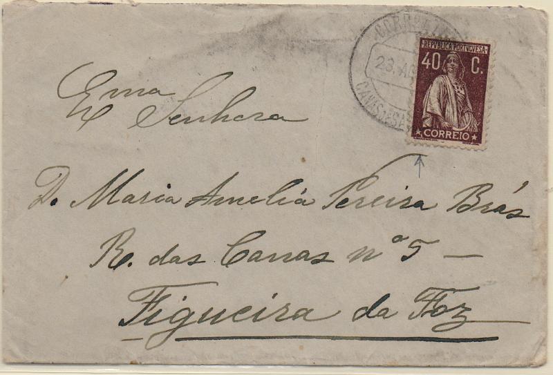 1796.jpg -     Lote:    1796                   Descrição:         Carimbos circulares datados, tipo 1880. 1924/26 &mdash; Ceres. CE283, 40c chocolate, em sobrescrito circulado de Canas de Sabugosa (23.08.26) para a Figueira. Carimbo batidop a preto de "CANAS DE SABUGOSA).        Carta       Valor Base:     &euro; 18,00     Valor Venda:     &euro;      