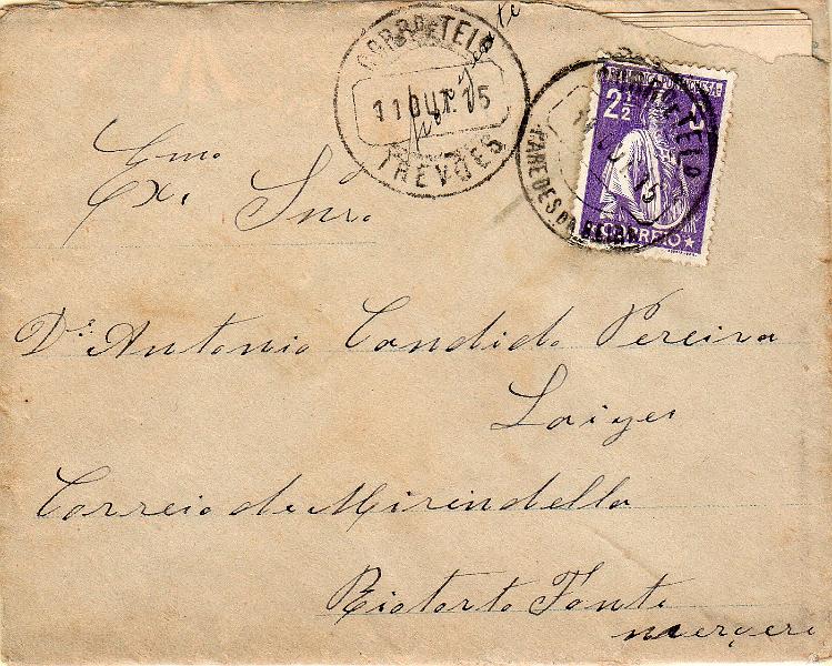 1799.jpg -     Lote:    1799                   Descrição:         Carimbos circulares datados, tipo 1880. 1912 &mdash; Ceres. CE211, 2 &frac12; c, denteado 15x14, papel porcelana em sobrescrito circulado de Paredes da Beira (11.10.15) para Mirandela, com trânsito por Trevões. Carimbos batidos a preto de "TREVÕES" e "PAREDES DA BEIRA".        Carta       Valor Base:     &euro; 12,00     Valor Venda:     &euro;      
