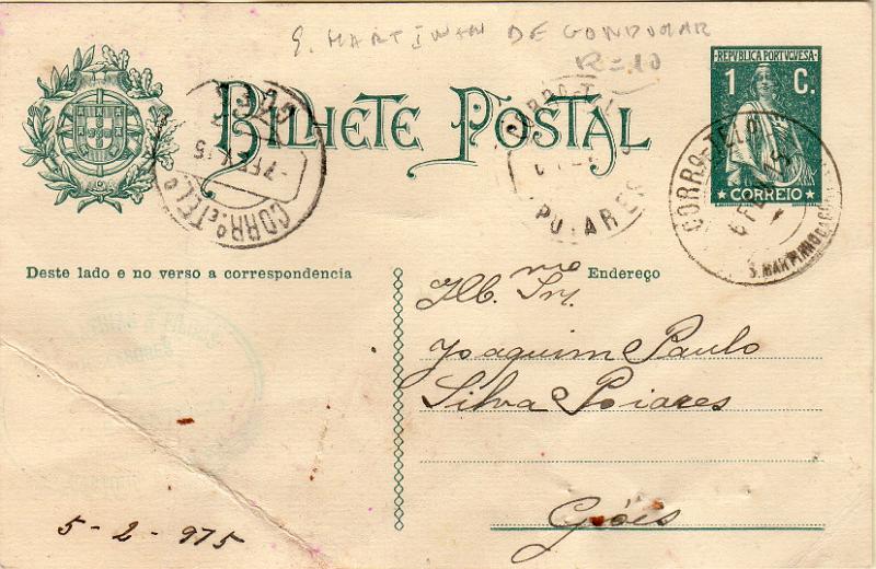 1801.jpg -     Lote:    1801                   Descrição:         1912 &mdash; Ceres. OM59, 1c verde. Circulado de S. Martinho de Gondomar (06.02.15) para Góis. Carimbo batido a preto de "S. MARTINHO DE GONDOMAR". MR.        IC       Valor Base:     &euro; 20,00     Valor Venda:     &euro;      