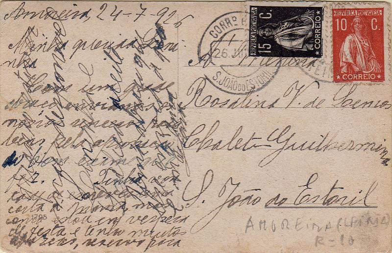 1802.jpg -     Lote:    1802                   Descrição:         Carimbos circulares datados, tipo 1880. 1912/23 &mdash; Ceres. Postal ilustrado circulado de Amoreira (24.07.26) para S. João do Estoril (26.0726) com selos de 10c CE215 e 15c CE253. Carimbo batido a preto de "AMOREIRA".        PI       Valor Base:     &euro; 15,00     Valor Venda:     &euro;      