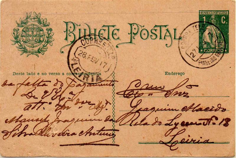 1805.jpg -     Lote:    1805                   Descrição:         Carimbos circulares datados, tipo 1880. 1912 &mdash; Ceres. OM56, 1c verde. Circulado de Pinheiro Grande (27.02.17) para Leiria. Carimbo batido a preto "PINHEIRO GRANDE".        IC       Valor Base:     &euro; 12,00     Valor Venda:     &euro;      