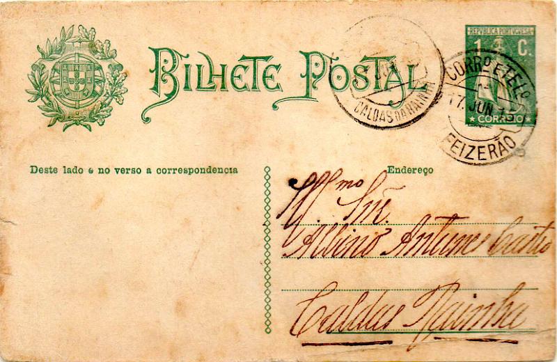 1806.jpg -     Lote:    1806                   Descrição:         Carimbos circulares datados, tipo 1880. 1912 &mdash; Ceres. OM56, 1c verde. Circulado de Alfeizerão (17.06.15) para Caldas da Rainha. Carimbo batido a preto "ALFEIZERÃO".        IC       Valor Base:     &euro; 10,00     Valor Venda:     &euro;      