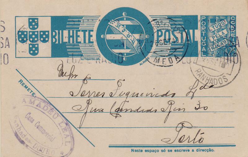 1808.jpg -     Lote:    1808                   Descrição:         Carimbos circulares datados, tipo 1880. 1936/39 &mdash; Tudo pela Nação. OM83, $25. Circulado de Ranhados (26.09.0) para o Porto com trânsito pela Meda (26.09.40). Carimbos batidos a preto de "MEDA" e "RANHADOS". O datador do carimbo de Ranhados já não contempla numeral para a dezena do ano.         IC       Valor Base:     &euro; 10,00     Valor Venda:     &euro;      