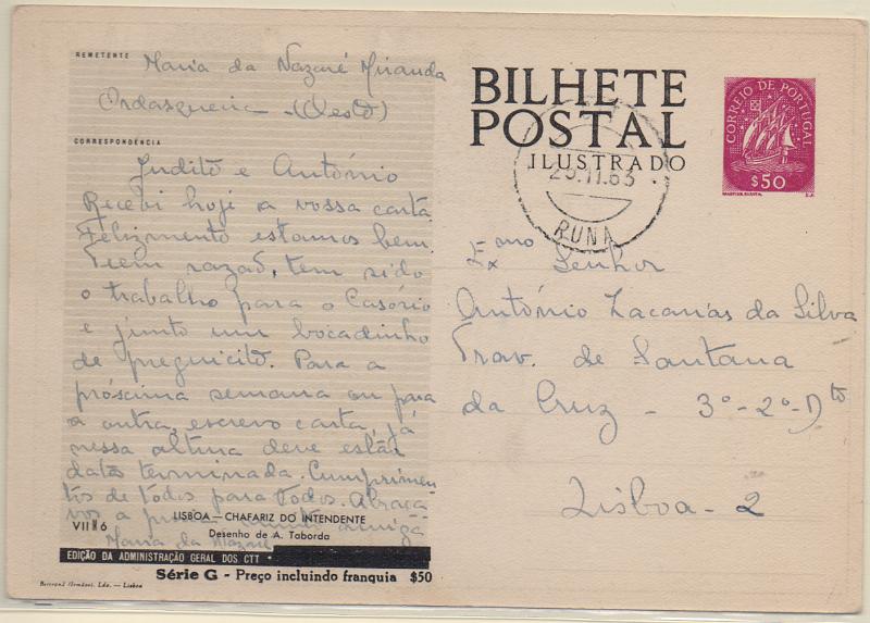 1809.jpg -     Lote:    1809                   Descrição:         1953 &mdash; Série G * LISBOA. Selo tipo Caravela. OM124, $50 lilás-rosa, VII M6 &mdash; Chafariz do Intendente. Circulado da Runa (23.11.63) para Lisboa.        IC       Valor Base:     &euro; 8,00     Valor Venda:     &euro;      