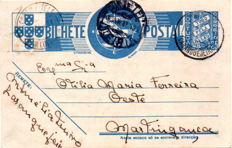 1811.jpg -     Lote:    1811                   Descrição:         Carimbos circulares datados, tipo 1880. 1936/39 &mdash; Tudo pela Nação. OM83, $25 azul. Circulado de Caranguejeira (02.01.41) para Martingança. Carimbo batido a preto "CARANGUEJEIRA".        IC       Valor Base:     &euro; 10,00     Valor Venda:     &euro;      