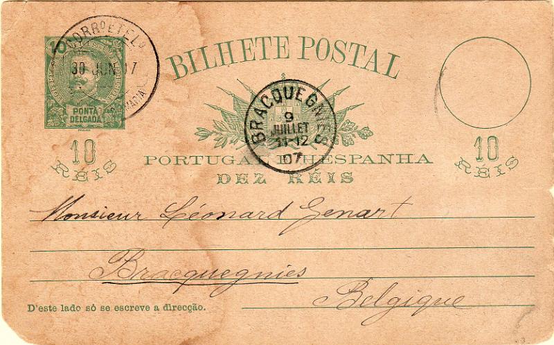 1812.jpg -     Lote:    1812                   Descrição:         Carimbos circulares datados. 1897 &mdash; D. Carlos I Mouchon. OM7, 10 reis verde. Circulado de Vila do Porto (30.06.07) para a Bélgica (09.07.07). Carimbo batido a preto "V. DO PORTO (ST.ª MARIA)" Raro.         IC       Valor Base:     &euro; 20,00     Valor Venda:     &euro;      
