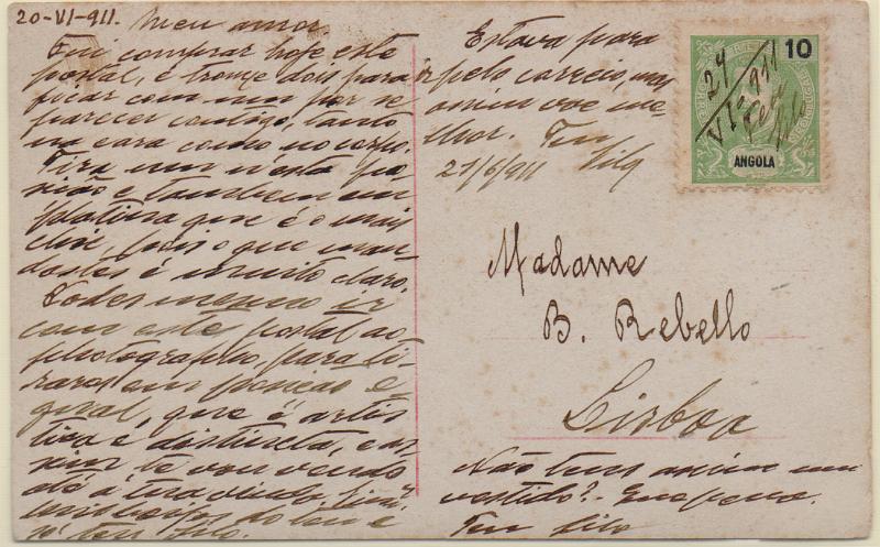 1813.jpg -     Lote:    1813                   Descrição:         Obliterações manuscritas. 1898/1901 &mdash; D. Carlos I Mouchon. Postal ilustrado circulado de Angola (24.06.11) para Lisboa com selo de 10 reis, CE40. Inicialmente estava previsto seguir pelo correio, porém foi enviado por mão própria, tendo o remetente inutilizado o selo.        PI       Valor Base:     &euro; 25,00     Valor Venda:     &euro;      