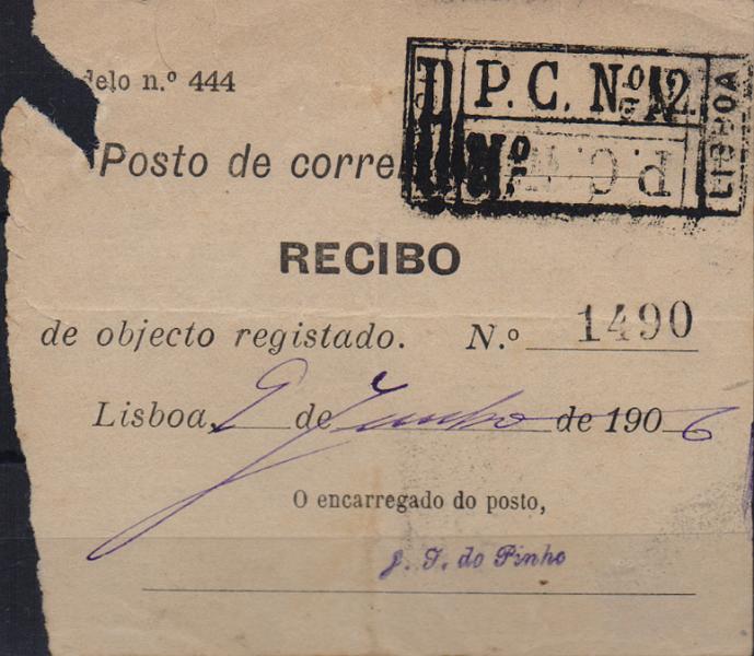 1814.jpg -     Lote:    1814                   Descrição:         Postos particulares de correio. Recibo de registo de carta remetida a 9 de Junho de 1906, obliterado com carimbo retangular batido a preto "R / P. C. N.º 12 / LISBOA". B e R.        DOC       Valor Base:     &euro; 25,00     Valor Venda:     &euro;      