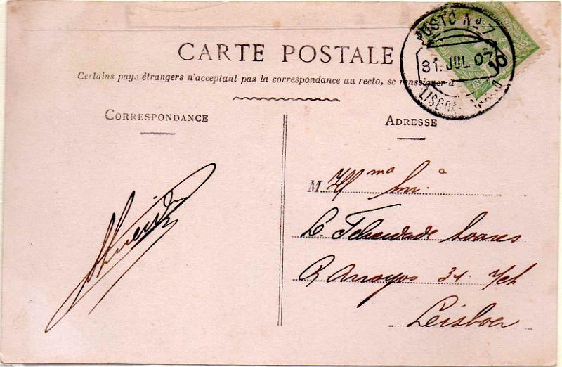 1815.jpg -     Lote:    1815                   Descrição:         Postos particulares de correio. 1895/96 &mdash; D. Carlos I Mouchon. CE128, 10 reis verde em postal ilustrado circulado em Lisboa (31.07.07). Carimbo batido a preto "POSTO N.º 7 / LISBOA &mdash; CORREIO". B e R.        PI       Valor Base:     &euro; 30,00     Valor Venda:     &euro;      