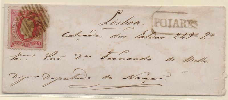 1824.jpg -     Lote:    1824                   Descrição:         Carimbos nominativos. 1867/70 &mdash; D. Luís I. Fita curva, denteados. CE30, 25 reis carmim em sobrescrito remetido de Poiares para Lisboa (08.06.69). Carimbos batidos a sépia "POIARES" e "80".        Carta       Valor Base:     &euro; 8,00     Valor Venda:     &euro;      