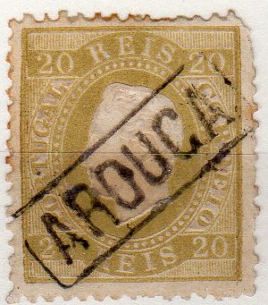 1825.jpg -     Lote:    1825                   Descrição:         Carimbos nominativos. 1870/76 &mdash; D. Luís I, fita direita. CE39, 20 reis bistre, denteado 12 &frac12;, com canto curto, obliterado com carimbo batido a preto "AROUCA".        O       Valor Base:     &euro; 12,00     Valor Venda:     &euro;      