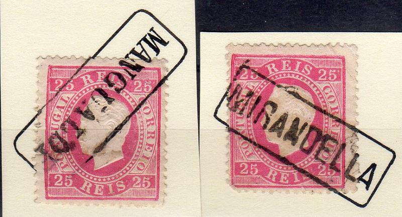1828.jpg -     Lote:    1828                   Descrição:         Carimbos nominativos. 1870/76 &mdash; D. Luís I, fita direita. CE40, 25 reis carmim. Dois selos sobre cartolina, com carimbos batido a preto de MANGUALDE e MIRANDELLA, com desenhos a completar os carimbos.        O       Valor Base:     &euro; 10,00     Valor Venda:     &euro;      