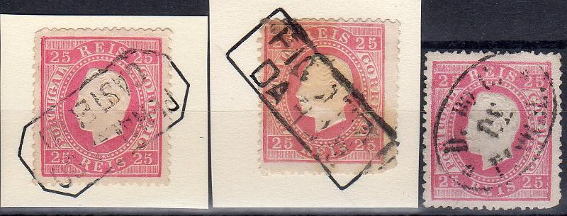 1829.jpg -     Lote:    1829                   Descrição:         Carimbos nominativos. 1870/76 &mdash; D. Luís I, fita direita. CE40, 25 reis carmim. Três selos sobre cartolina, com carimbos batido a preto de PENALVA DO / CASTELO, FIGUEIRA / DA FOZ e D,MDO c. DE PINHEL", com desenhos a completar os carimbos.        O       Valor Base:     &euro; 12,00     Valor Venda:     &euro;      