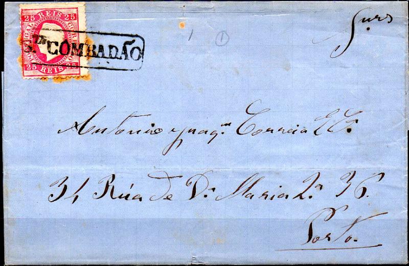 1830.jpg -     Lote:    1830                   Descrição:         Carimbos nominativos. 1870/76 &mdash; D. Luís I. Fita direita. CE40, 25 reis carmim em carta circulada do Santa Comba Dão para o Porto (11.04.78), Carimbo batido a preto "STACOMBADÃO".        Carta       Valor Base:     &euro; 20,00     Valor Venda:     &euro;      