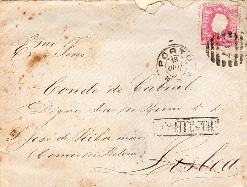 1832.jpg -     Lote:    1832                   Descrição:         Carimbos nominativos. 1870/76 &mdash; D. Luís I, fita direita. CE40, 25 reis carmim em sobrescrito circulado do Porto (18.10.73) para Lisboa (19.10.73). Carimbo nominativo batido a preto da "CRUZ QUEBRADA". Não catalogado por Gordon.        Carta       Valor Base:     &euro; 40,00     Valor Venda:     &euro;      