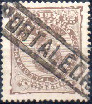 1834.jpg -     Lote:    1834                   Descrição:         Carimbos nominativos. 1882/83 &mdash; D. Luís. De frente. CE57, 25 reis castanho obliterado com carimbo batido a preto "PORTALEGRE".        O       Valor Base:     &euro; 12,00     Valor Venda:     &euro;      