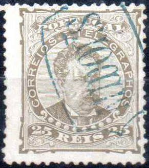 1836.jpg -     Lote:    1836                   Descrição:         Carimbos nominativos. 1882/83 &mdash; D. Luís. De frente. CE57, 25 reis castanho obliterado com carimbo batido a azul "MIDÕES".        O       Valor Base:     &euro; 12,00     Valor Venda:     &euro;      