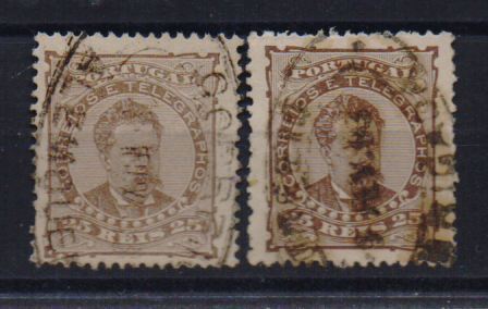 1847.jpg -     Lote:    1847                   Descrição:         Carimbos de dupla oval. 1882/83 &mdash; D. Luís I. De frente. CE57, 25 reis. Obliterados com carimbo batido a sépia de "ALEMQUER" e "ABRIGADA".        O       Valor Base:     &euro; 6,00     Valor Venda:     &euro;      