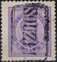 1850.jpg -     Lote:    1850                   Descrição:         Carimbos nominativos. 1884/87 &mdash; D. Luís I, de frente. Novos valores. CE63, 25 reis obliterado com carimbo batido a preto "SOUZEL".        O       Valor Base:     &euro; 10,00     Valor Venda:     &euro;      